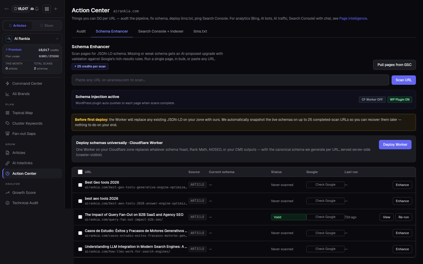 Action Center — schema deploy, llms.txt, indexer